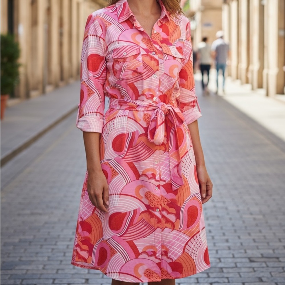 J. McLaughlin Brynn Dress Sundae Swirl Pink Print NWOT Large Stretch Belted